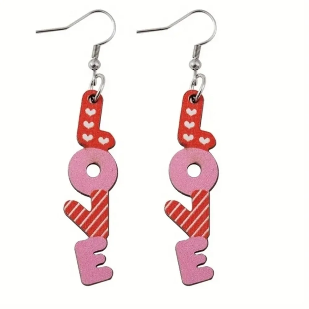 Valentines‎ Day Jewelry Love Heart Letters Womens Dangle Wooden Earrings